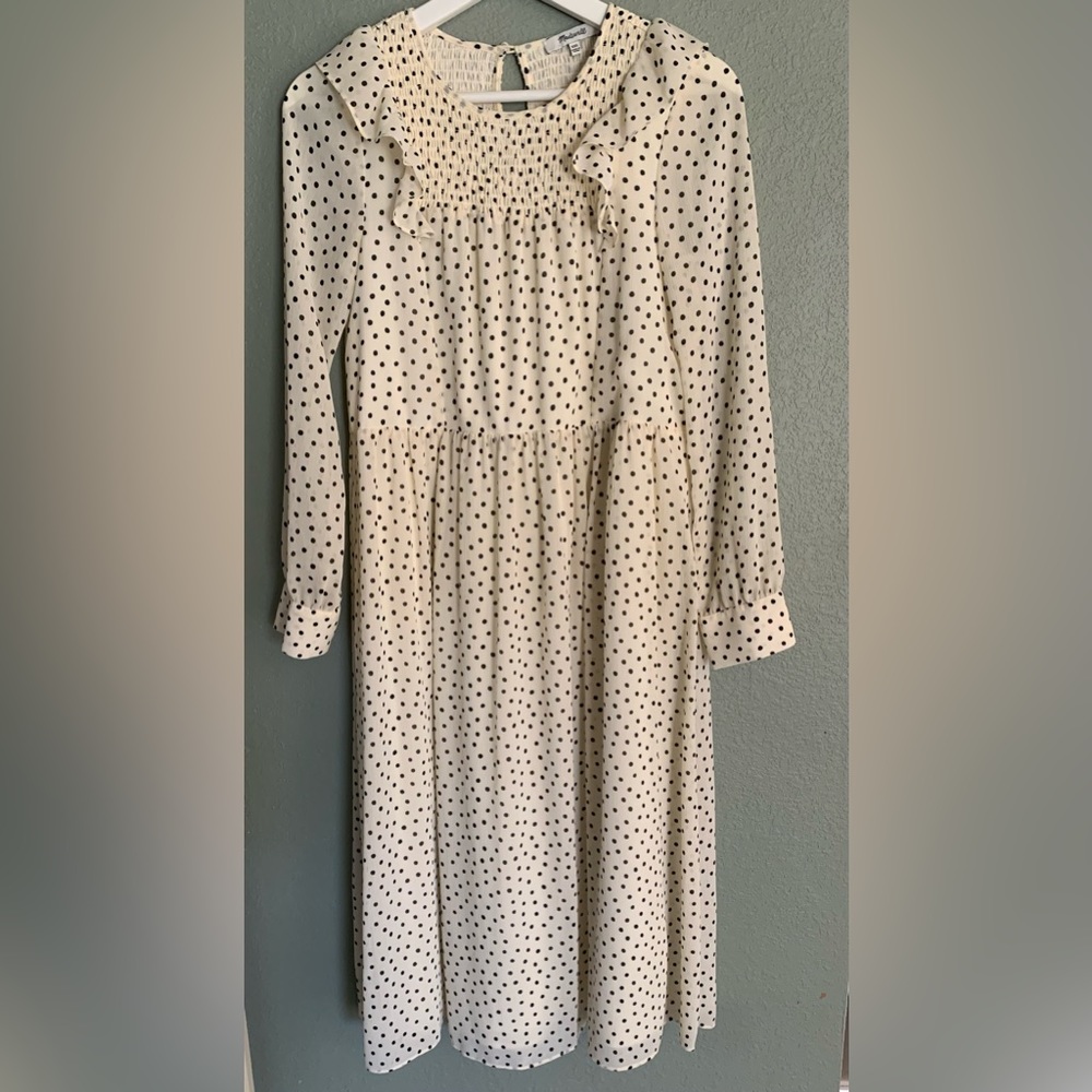 Madewell Womens XXS Ivory Inkbrush Polka Dots Smocked Ruffle-Shoulder Midi Dress